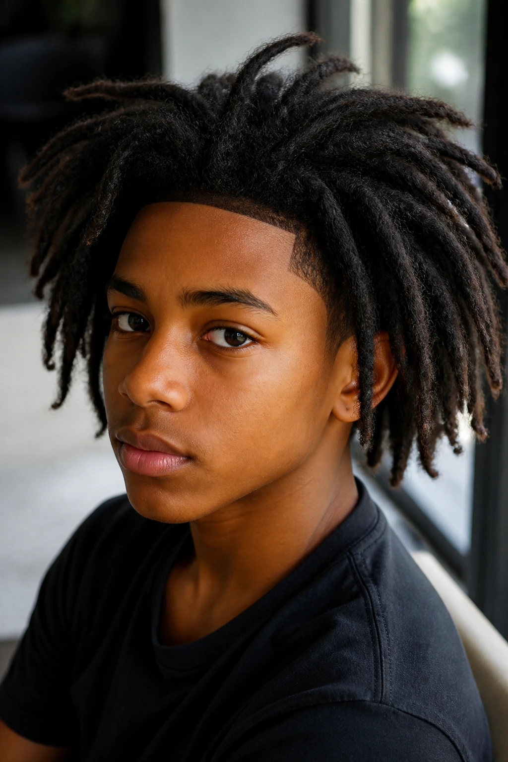 Portrait of a boy with freeform locs and a clean line-up