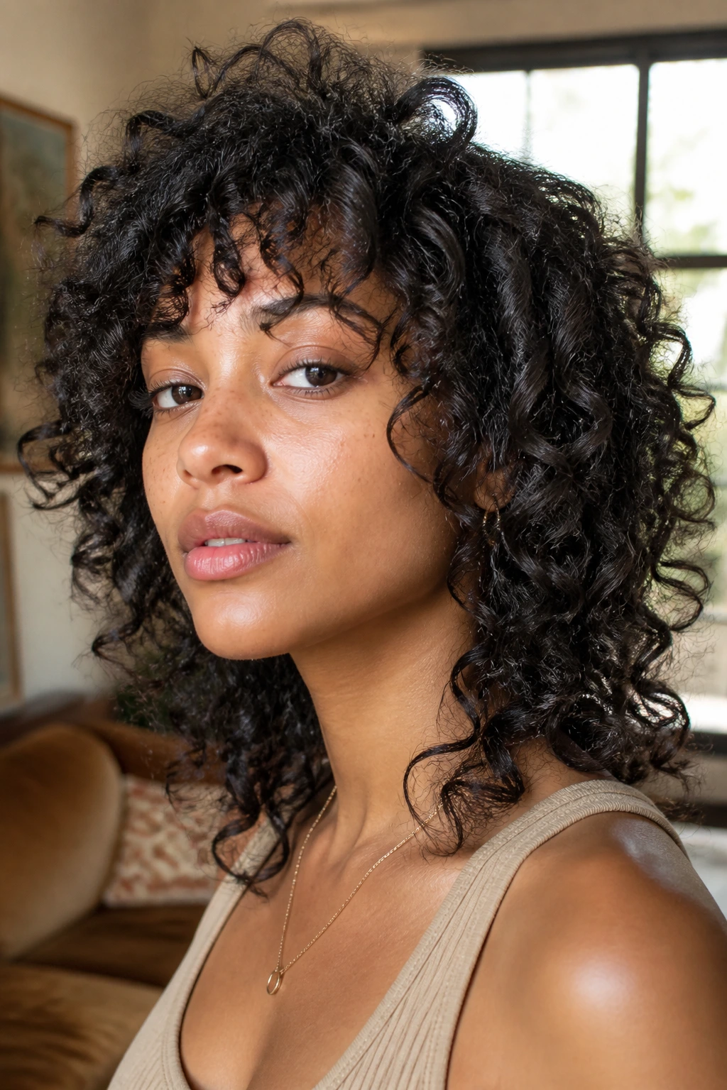 Close-up of Freestyle Coil Wolf hairstyle on a real person in a cozy living room with natural light