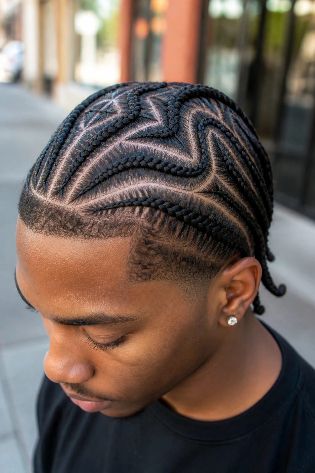 Close-up of freestyle cornrows with curves and angles on a real person