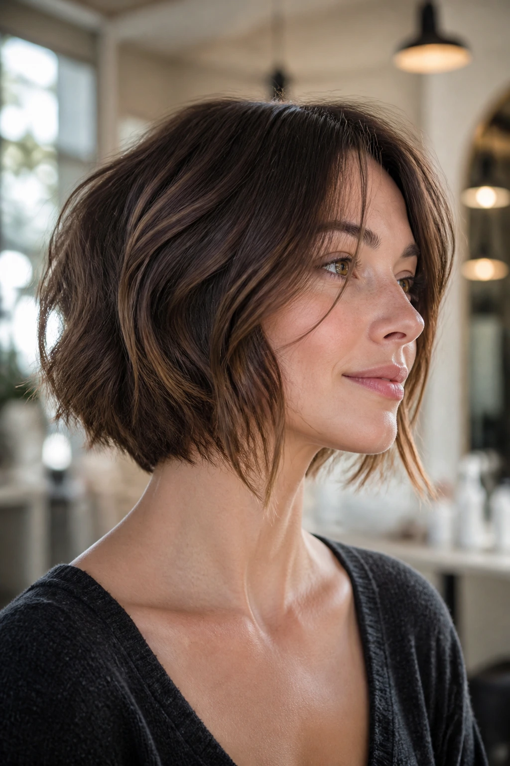 Close-up of a woman with French angled bob in a bright casual salon