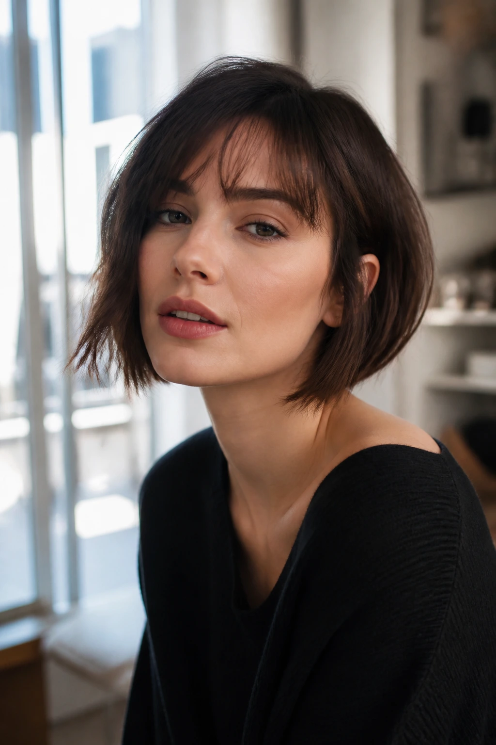 Portrait of a real woman with a French asymmetrical bob and soft bangs brushing the brows.