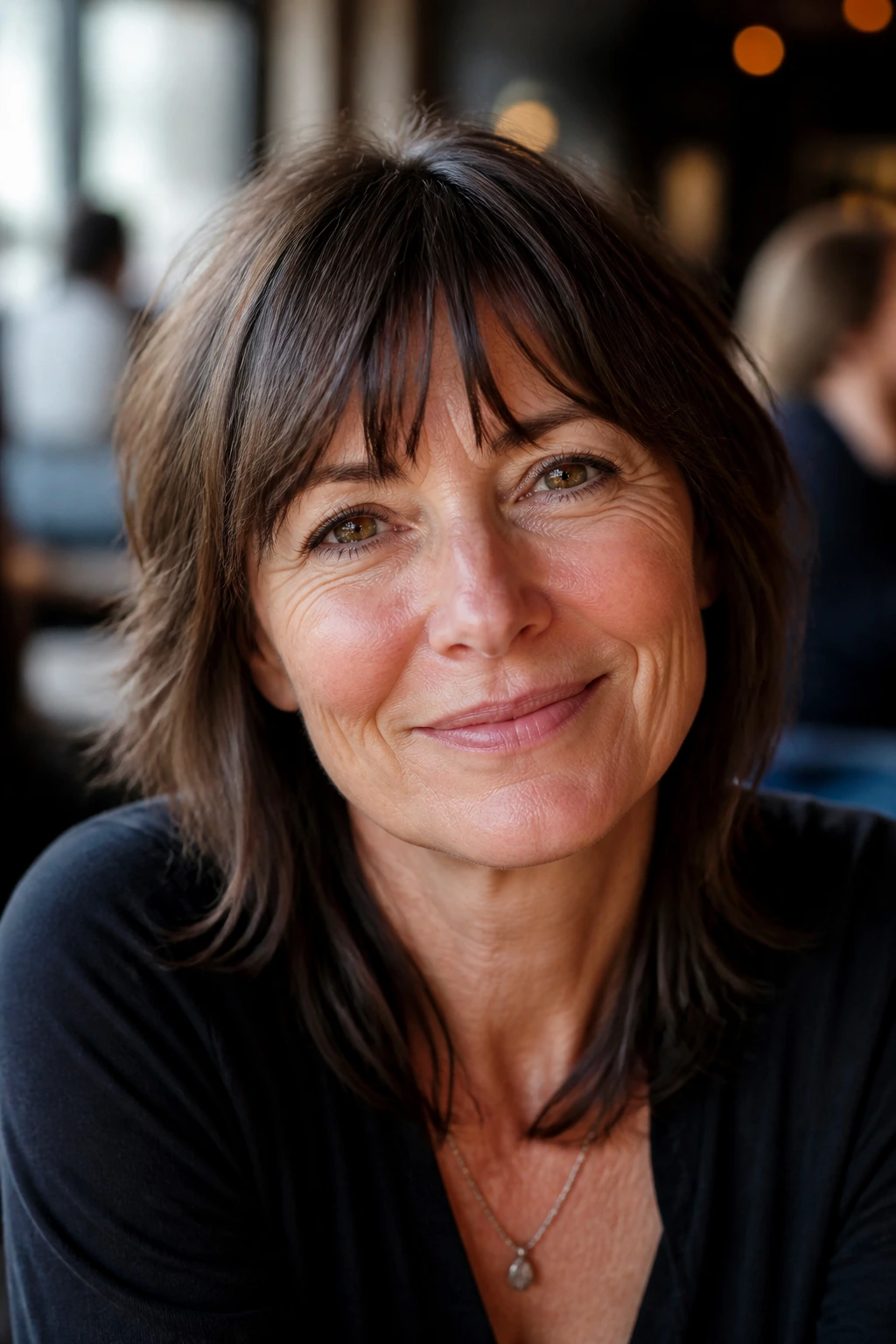 Close-up portrait of a real woman with light relaxed French bangs above the brows