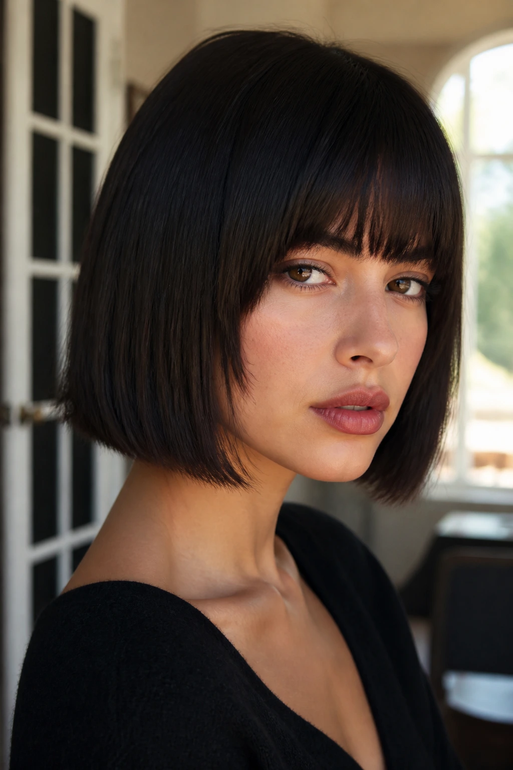 Portrait of a person with French blunt bob with fringe