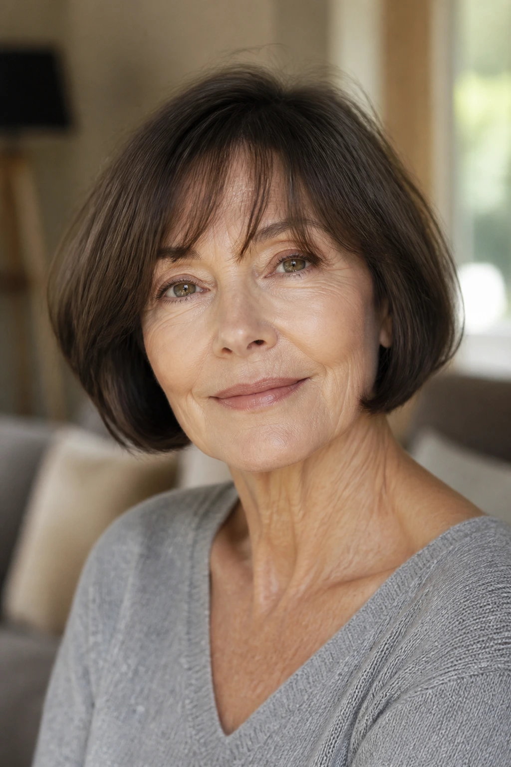 Close-up portrait of a real woman with a jaw-length French bob and airy bangs in warm window light
