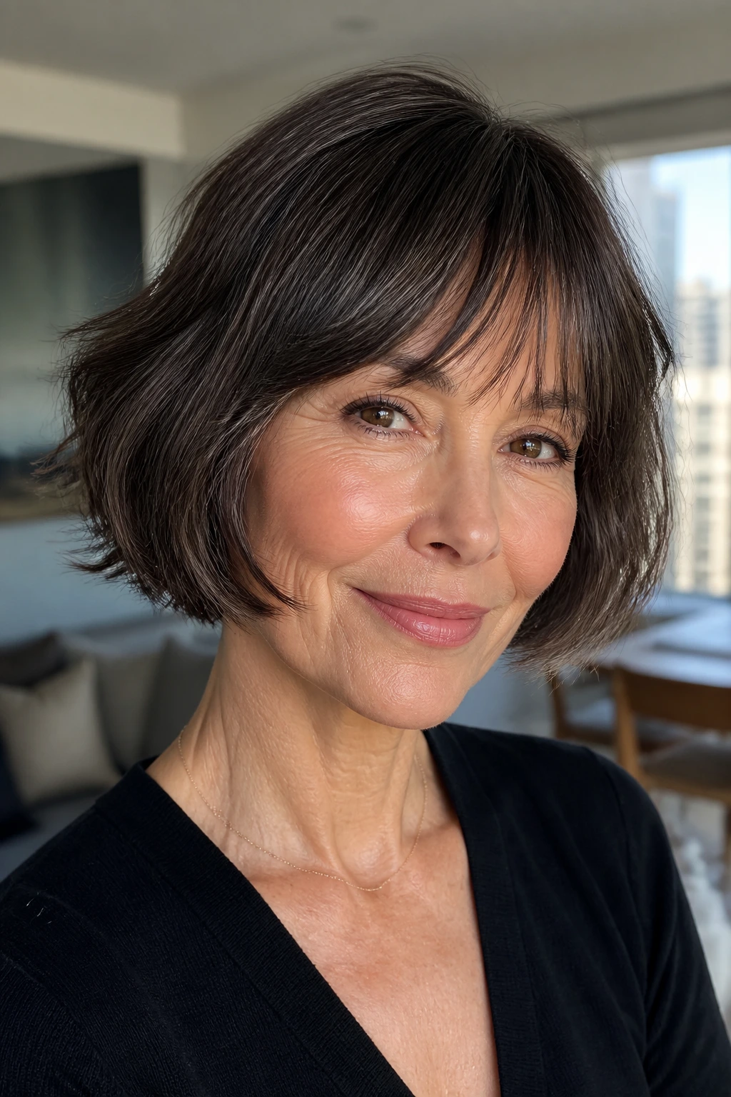Close-up of a real woman with a French bob and airy ends under soft window light