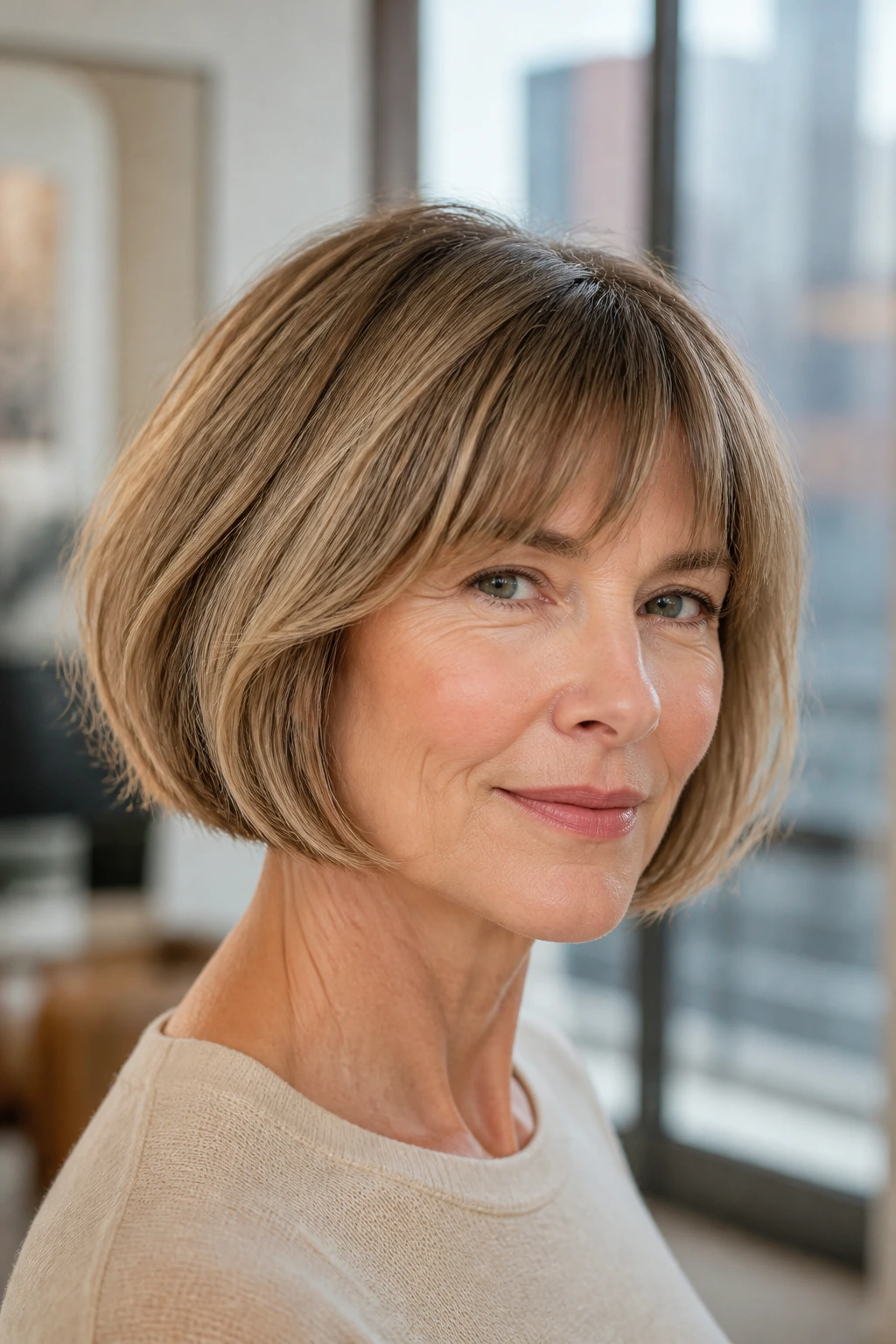 Close-up portrait of a woman with chin-grazing French bob and airy ends