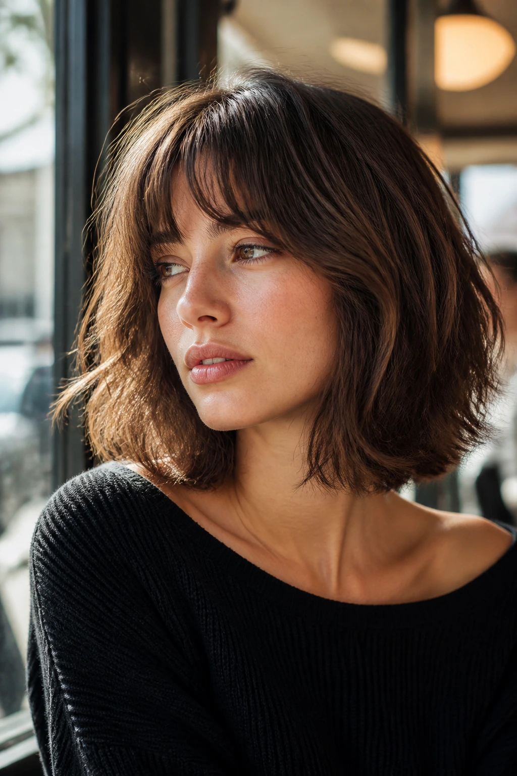 Real woman with French Bob with Soft, Airy Ends in sunlight