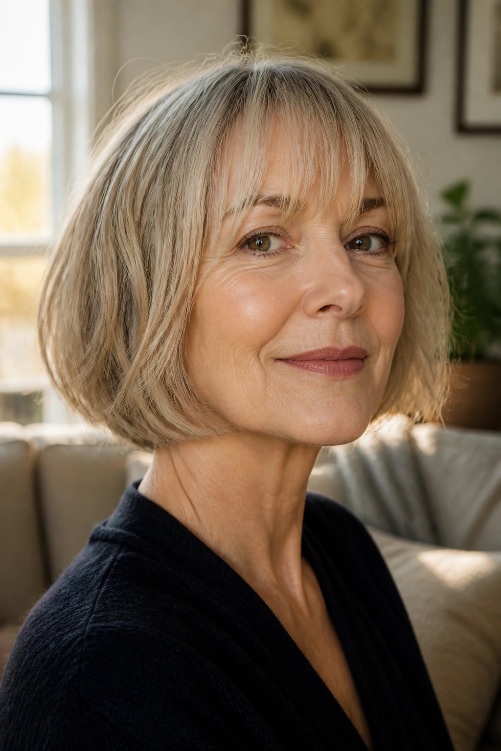 Close-up portrait of a real woman with a jaw-length French bob and airy ends, natural light.