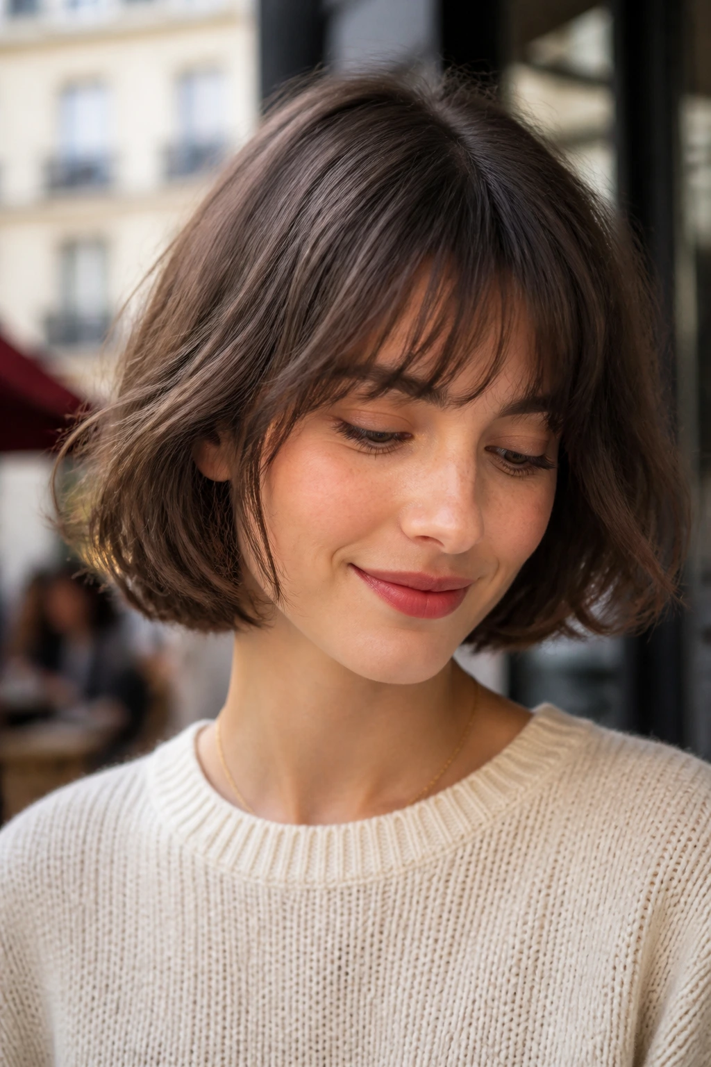 Portrait of a woman with a French bob and airy fringe.