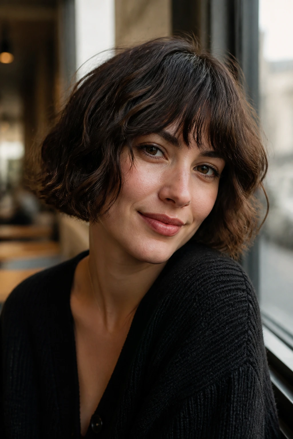 Portrait of a woman with a French bob and airy fringe