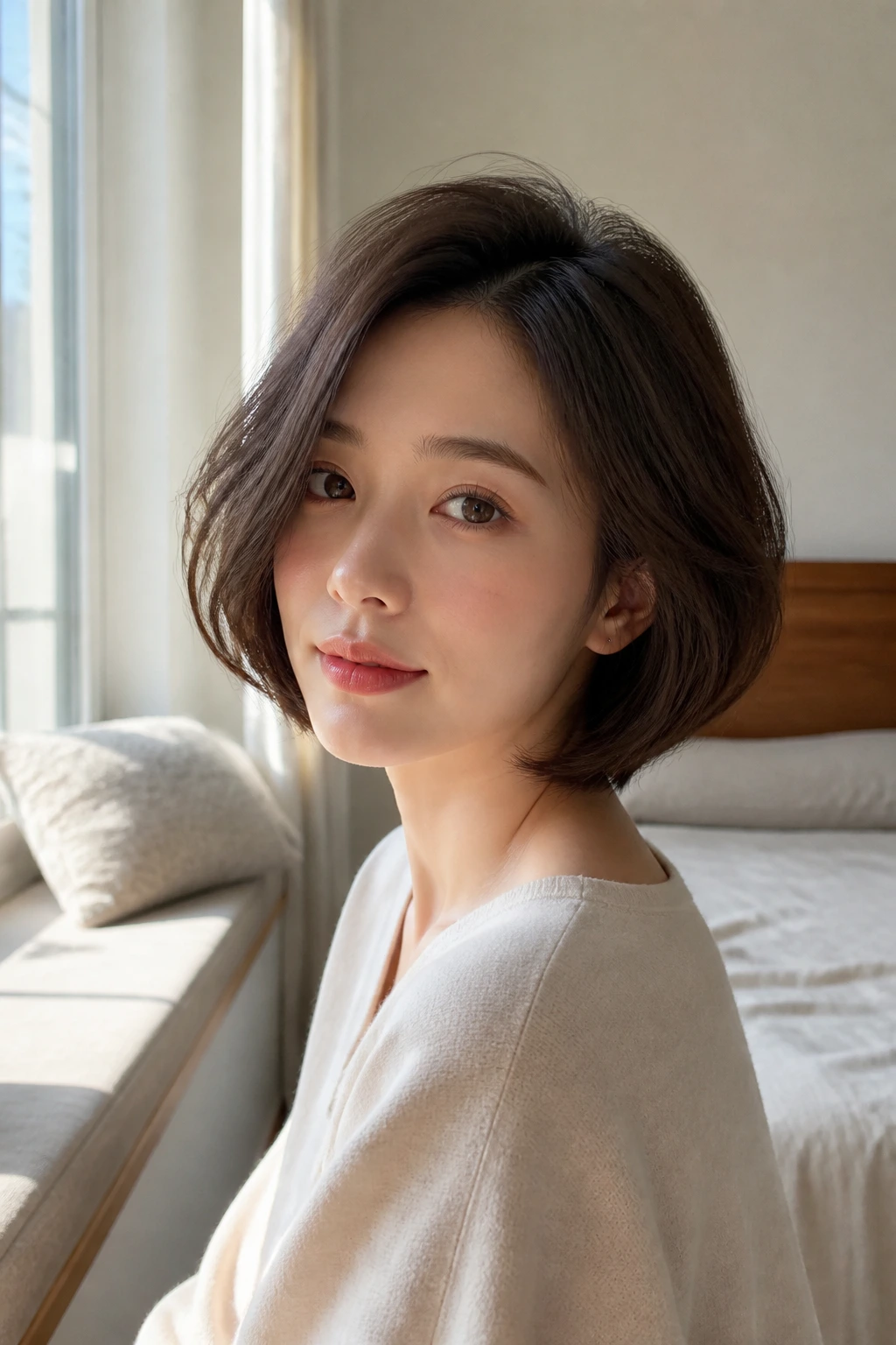 Portrait of a woman with a cheekbone-length French bob and airy volume in natural light.