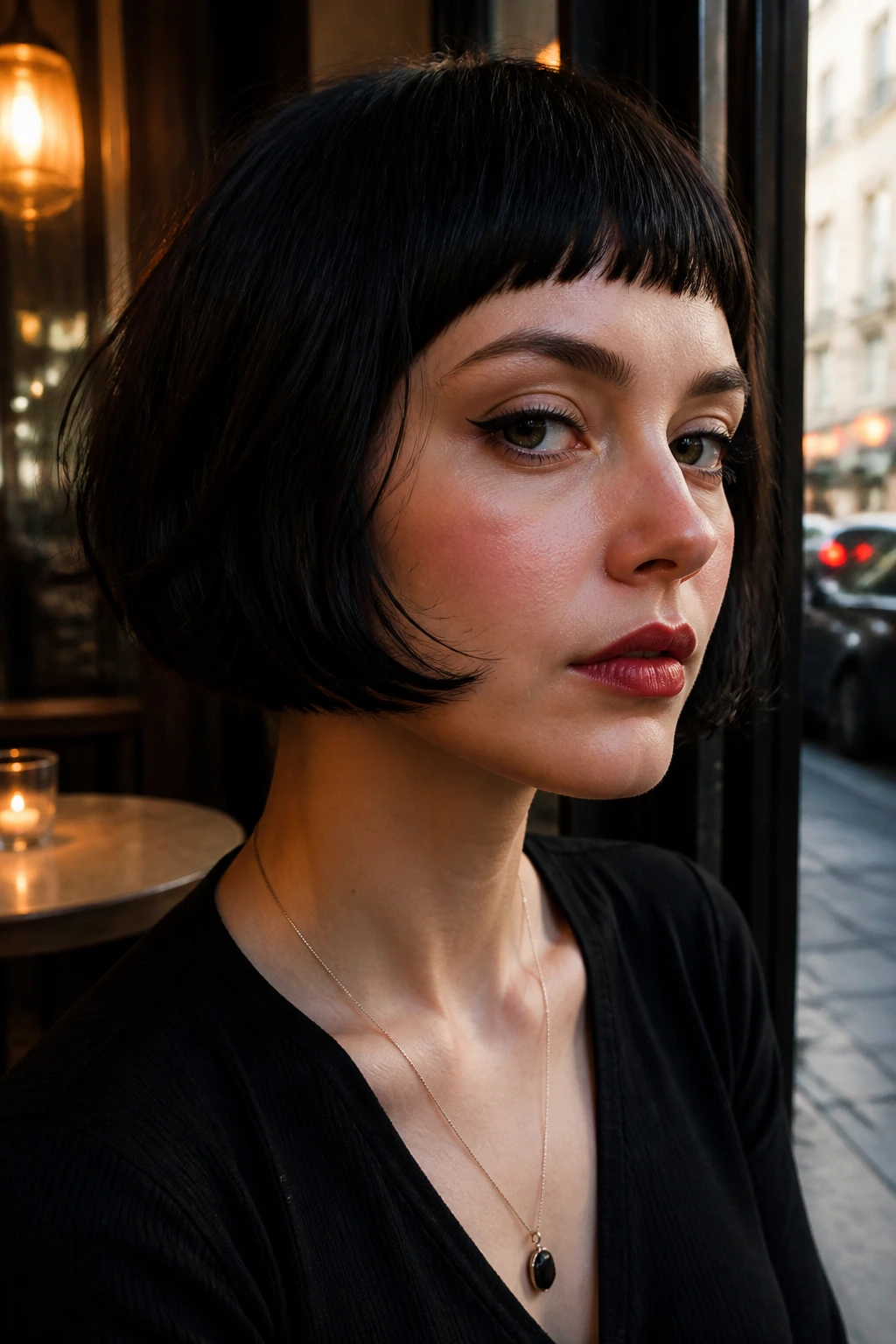 Close-up of a real woman with a soft black French bob and arched micro fringe in warm cafe lighting
