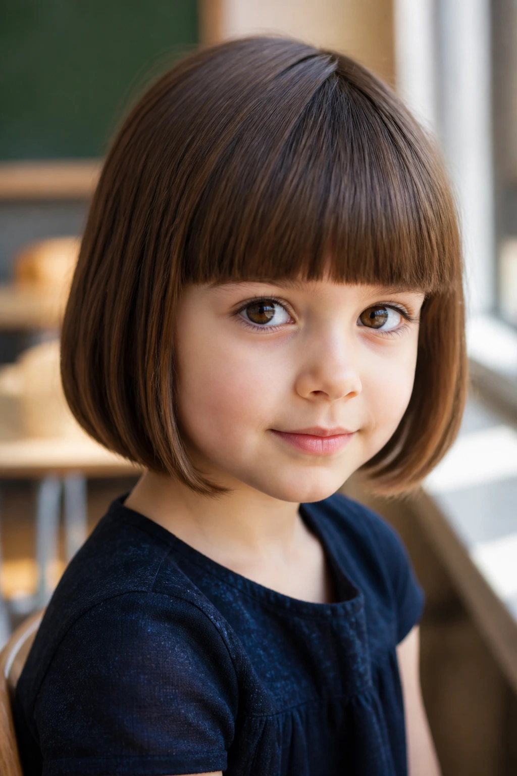 Close-up portrait of a girl with a French bob and full bangs.
