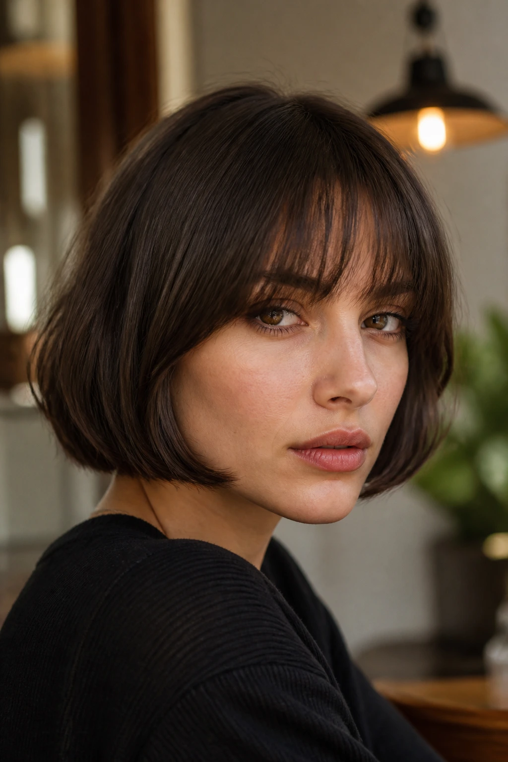 Real person with French bob and brow-grazing bangs in natural light portrait