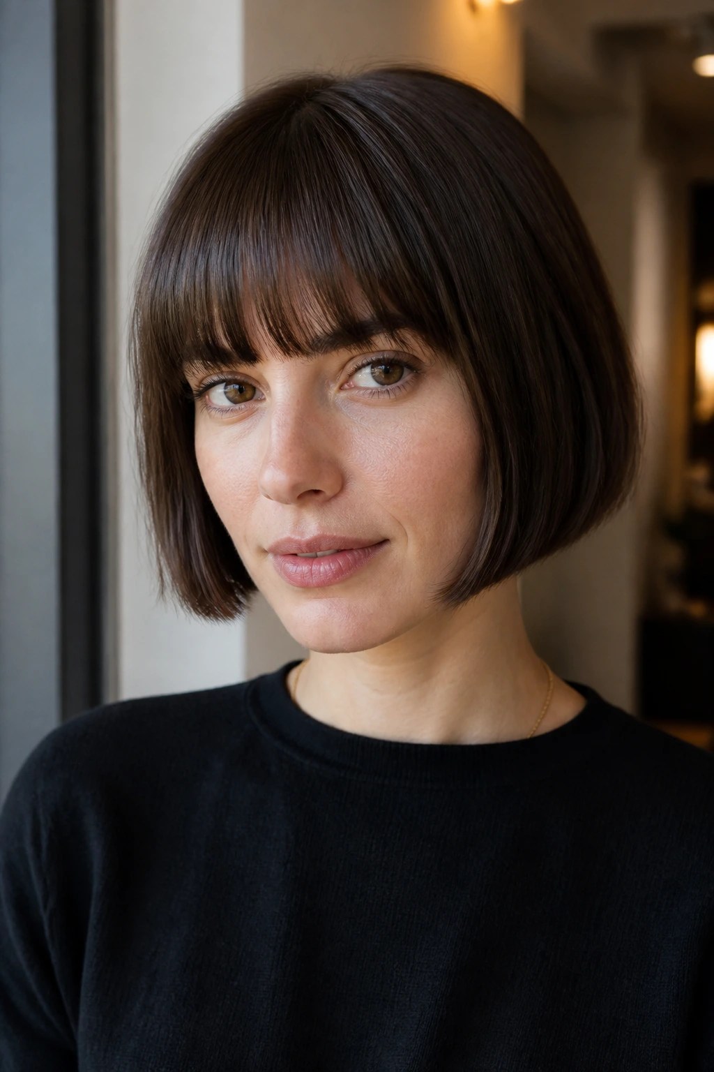 Close-up portrait of a real woman with a French bob and eyebrow-grazing bangs