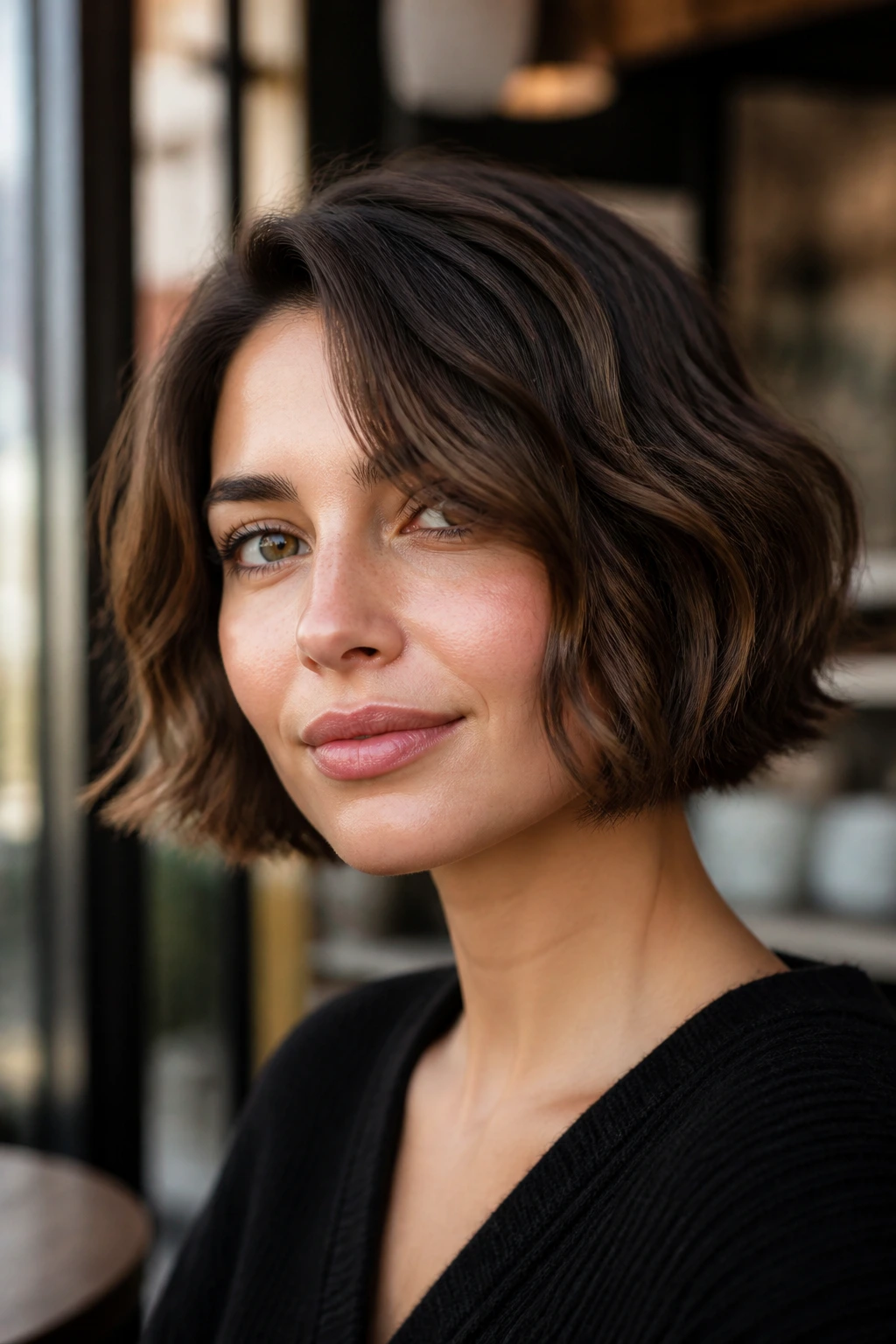 Close-up portrait of a real woman with a French bob with bend in natural cafe light.