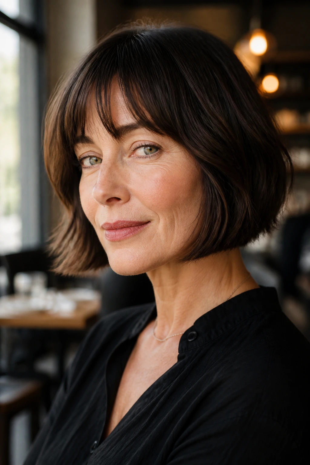 Real woman with jaw-length French bob, blunt ends and soft bend in natural cafe light