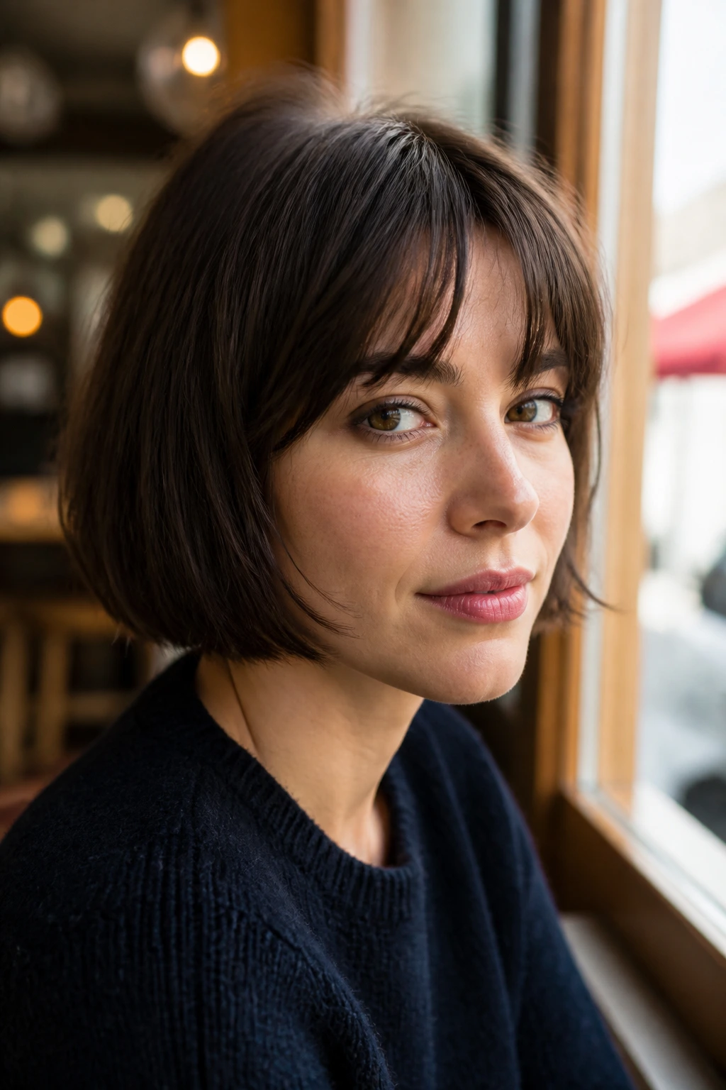 Close-up of a woman with a French bob and bottleneck bangs