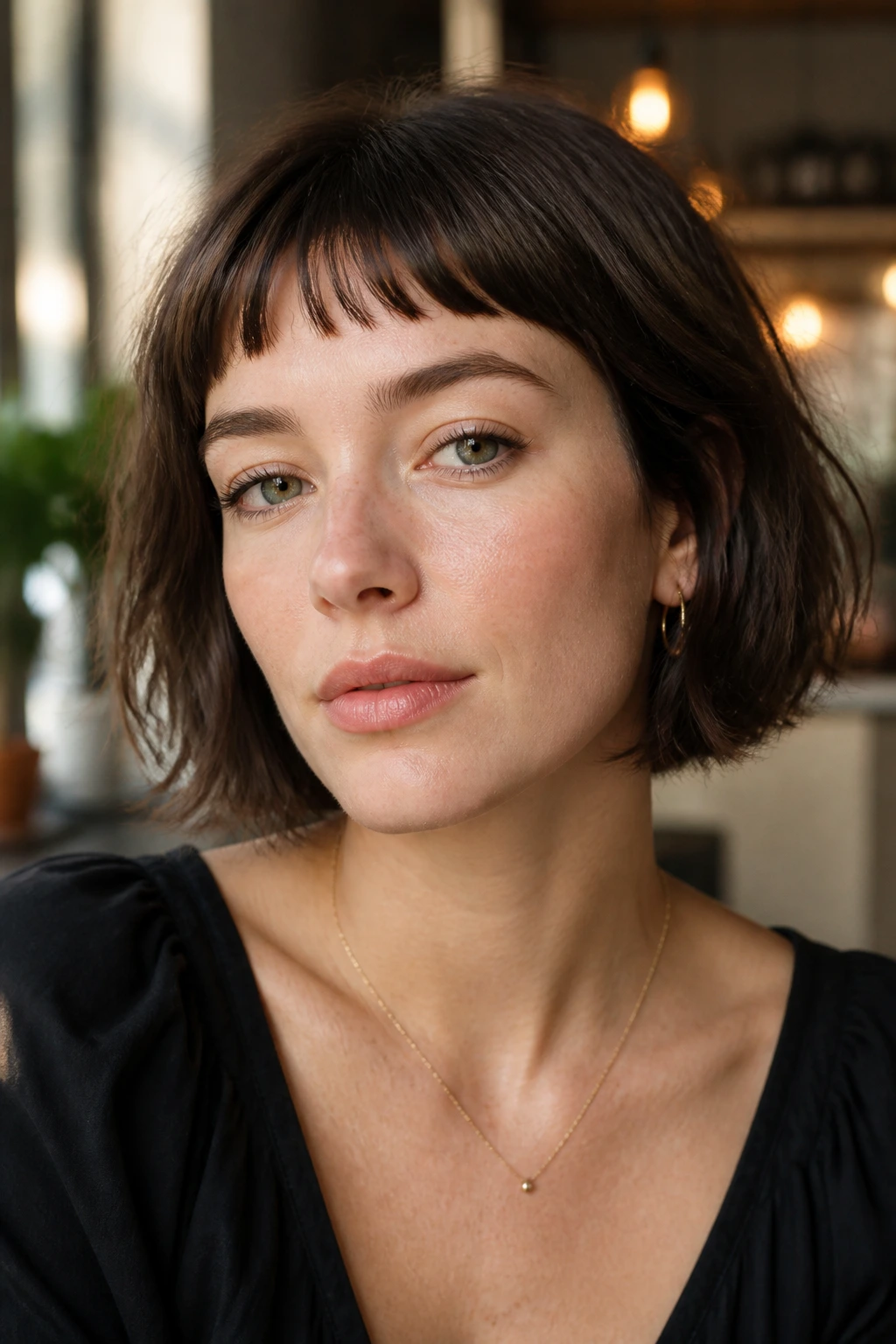 Real woman with French bob and broken baby bangs in warm light
