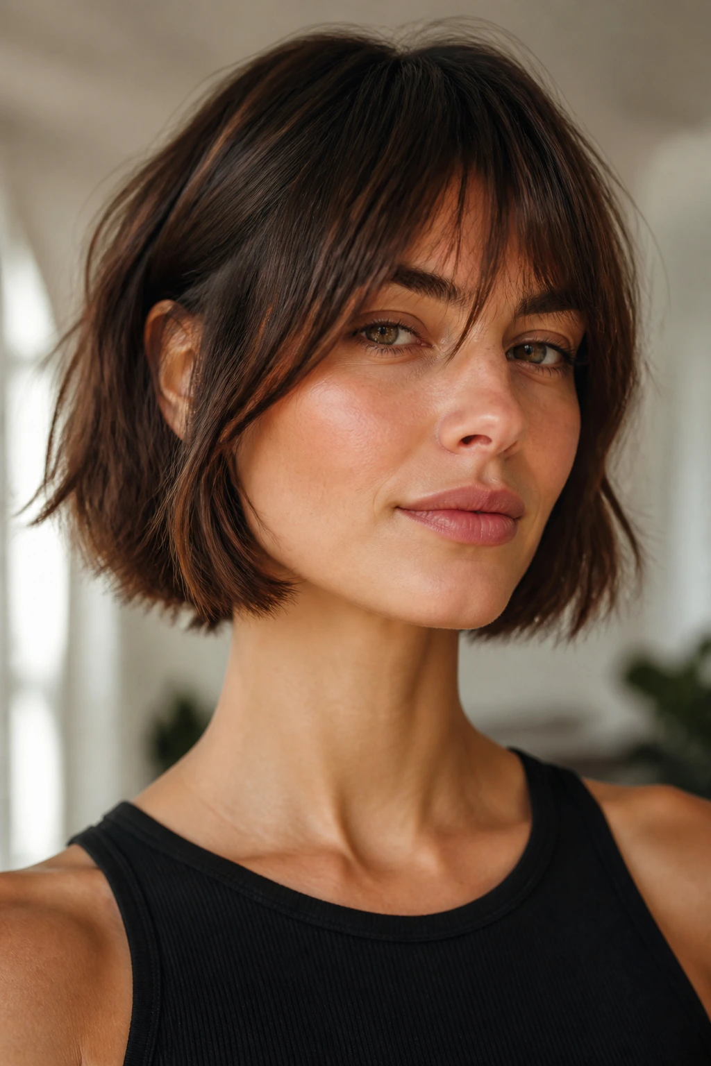 Portrait of a real person with a French bob and broken ends