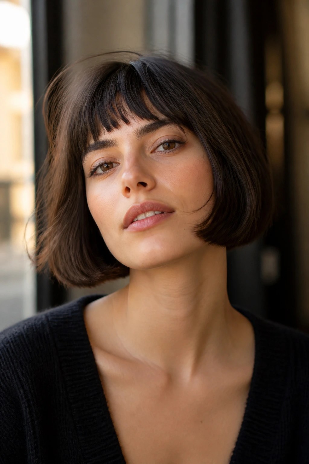 Close-up of a person with French bob and broken fringe