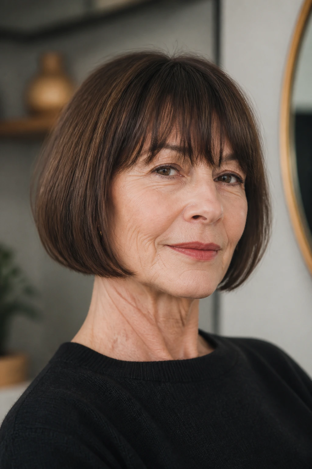 Portrait of a woman with a jaw-length French bob and brow-grazing fringe in natural light