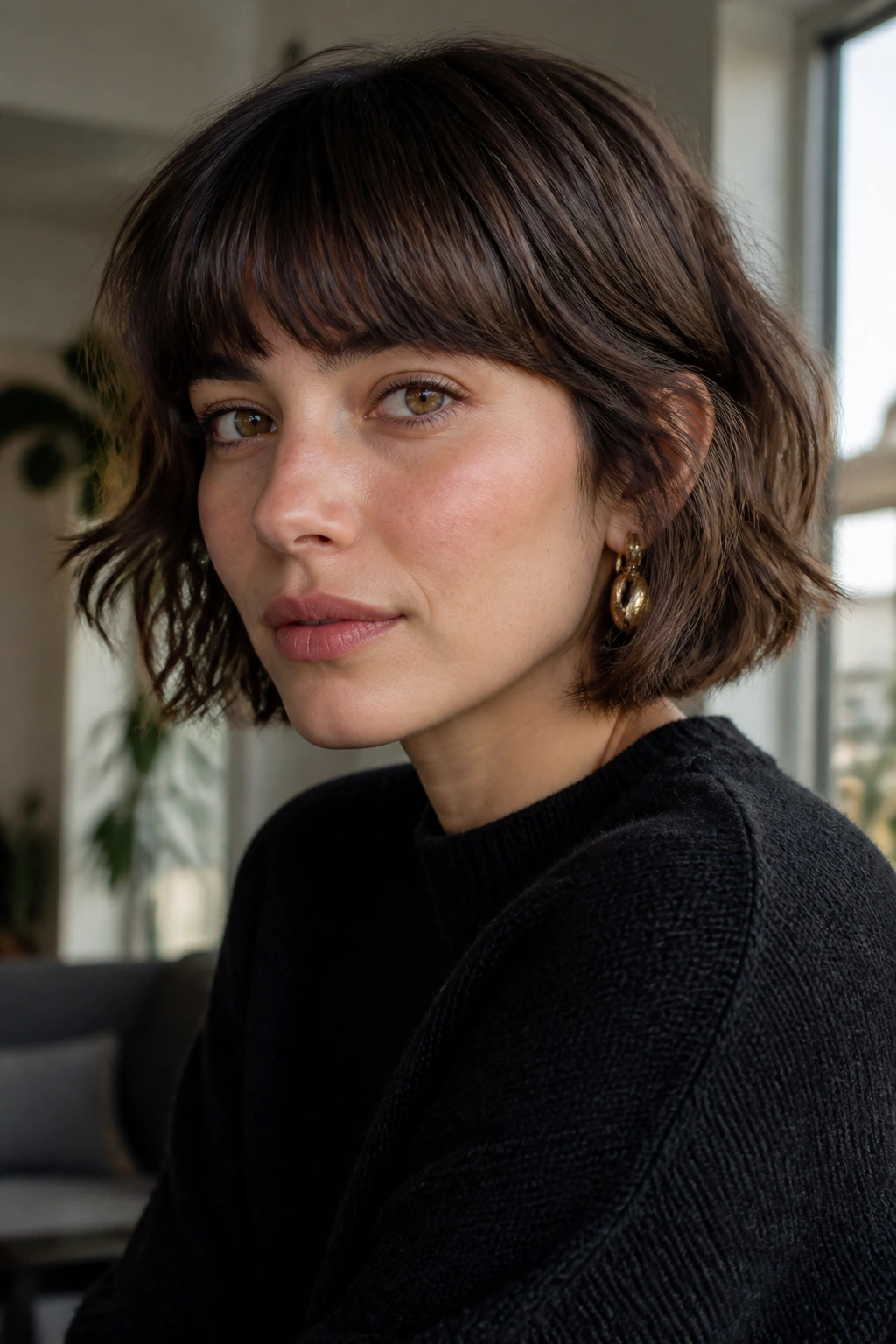 Portrait of a person with French bob and brow-length fringe