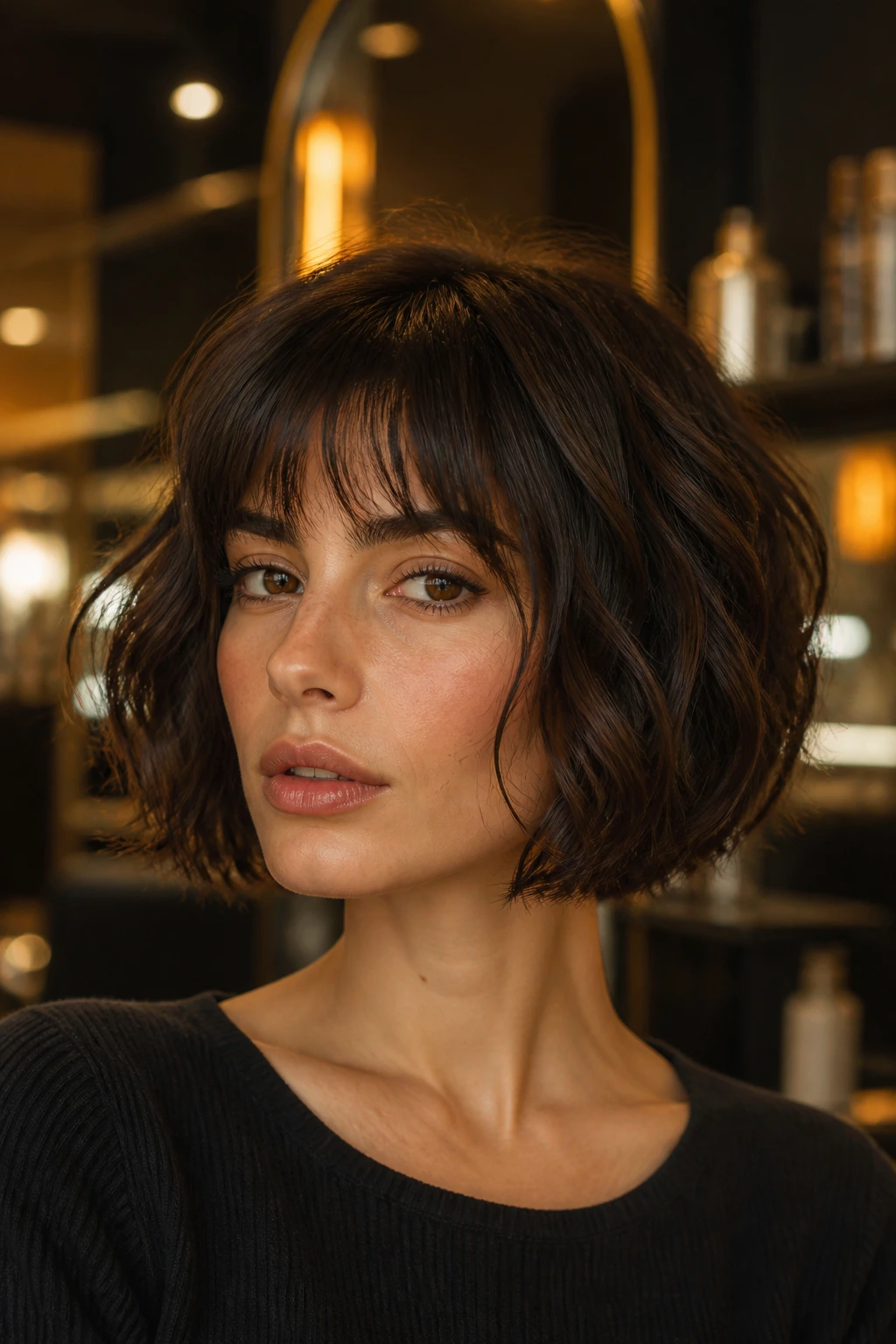 Brunette with French bob and brow-skimming bangs in warm salon lighting.