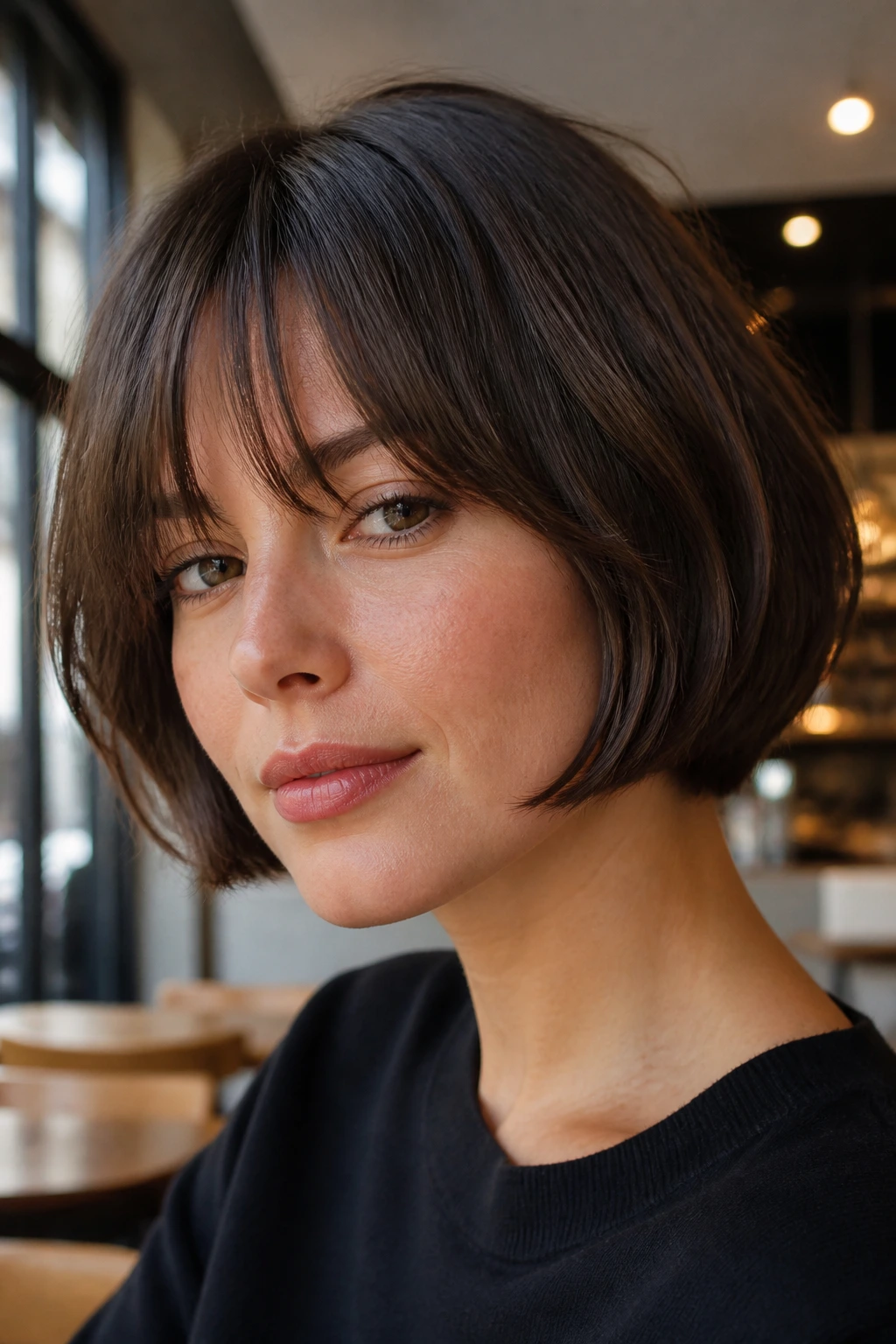Woman with a French bob and brow-skimming curtain bangs in a cafe setting
