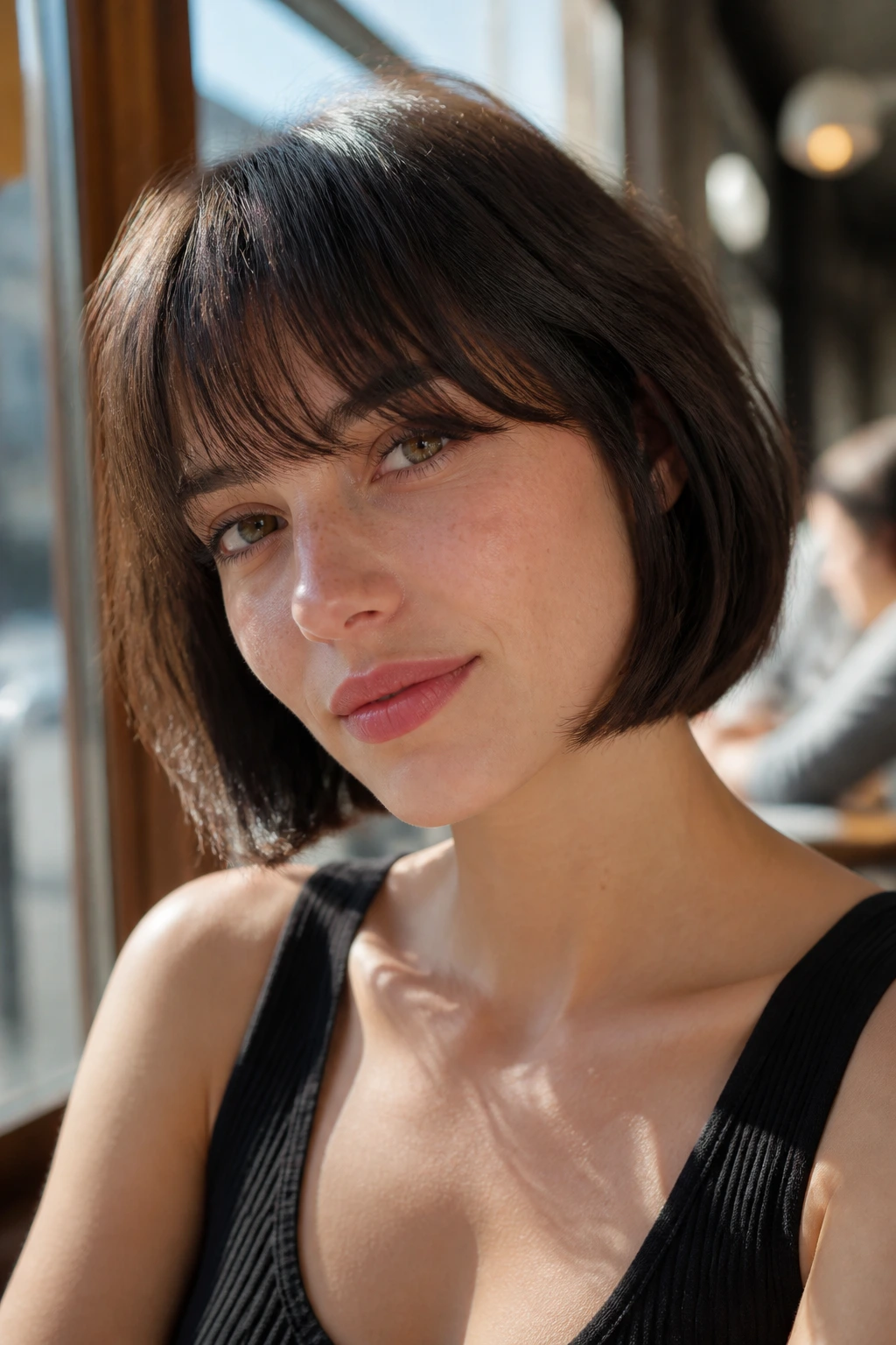 Portrait of a person with brow-skimming bangs and French bob