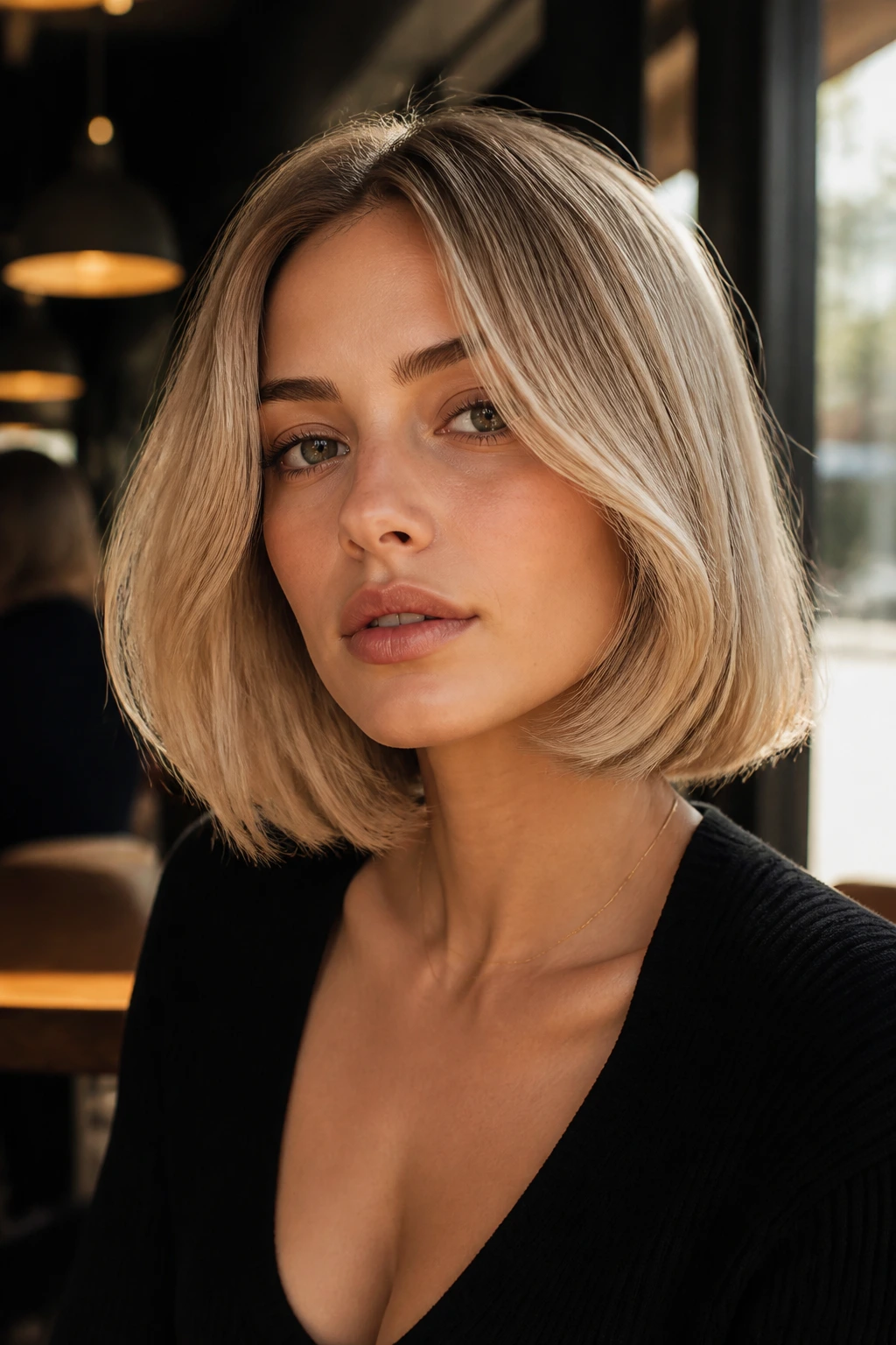 French bob with champagne beige color on a real woman