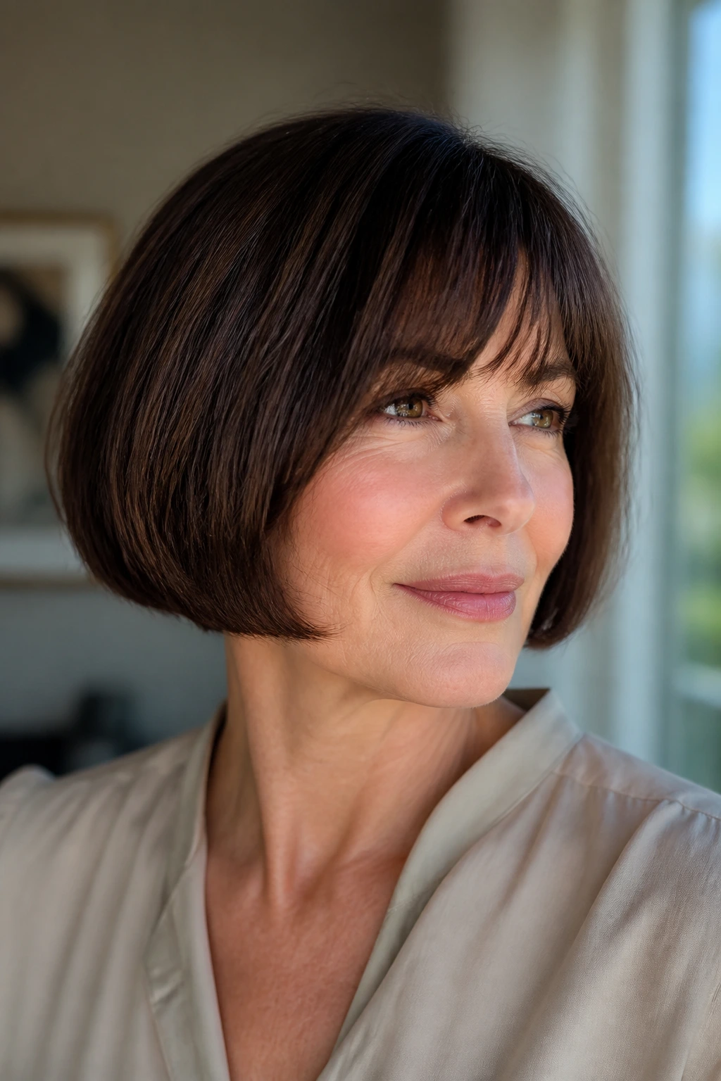 Portrait of woman with French bob and cheekbone-length bangs