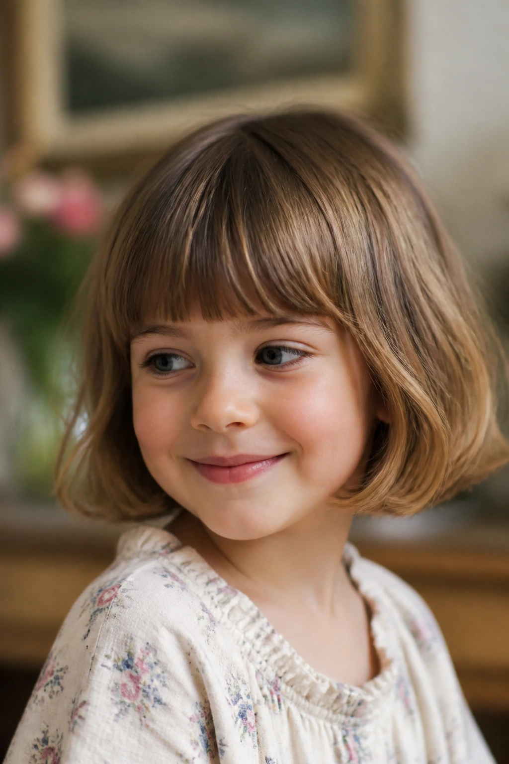 Real child with French bob and brow-skimming fringe in soft daylight.