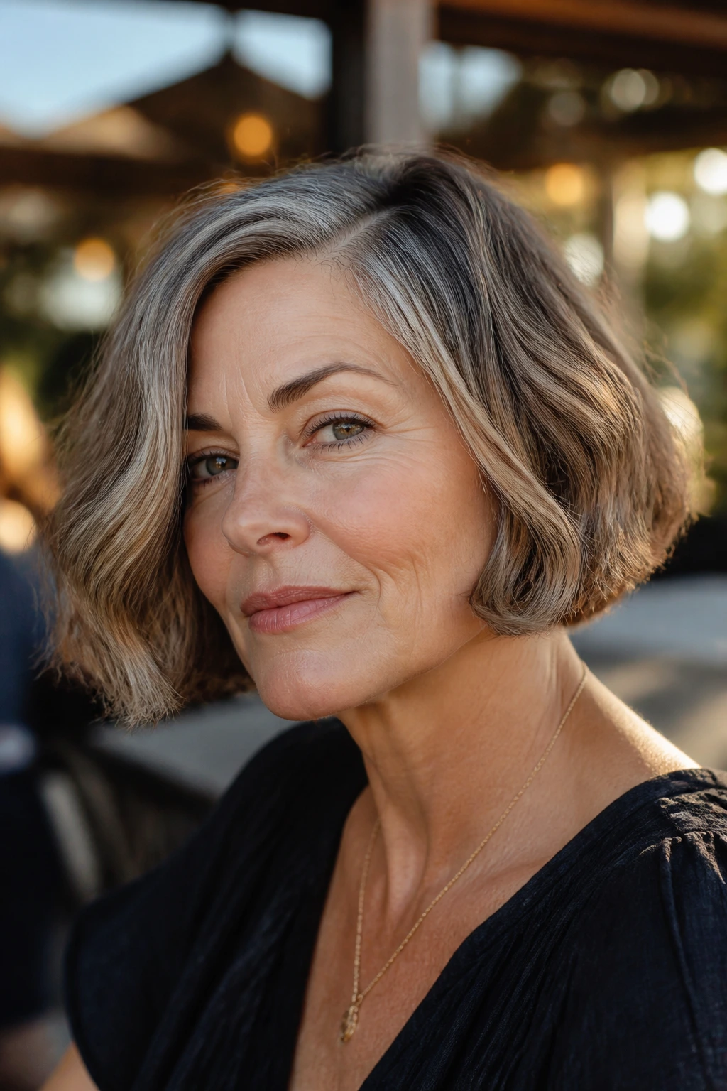 Close-up of a woman with a chin-length French bob framing her jaw