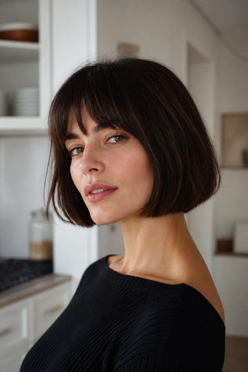 Close-up portrait of a real woman with a cheek-length French bob and clean edge