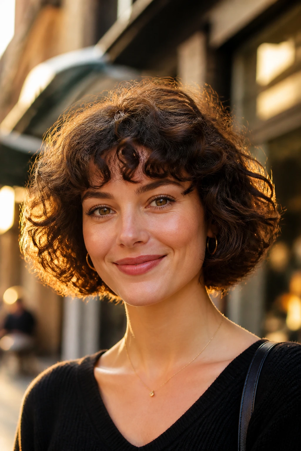 Close-up of a real woman with a French bob and curly fringe