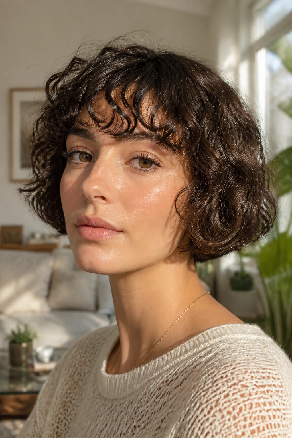 Close-up of a real woman with a French bob and curly fringe