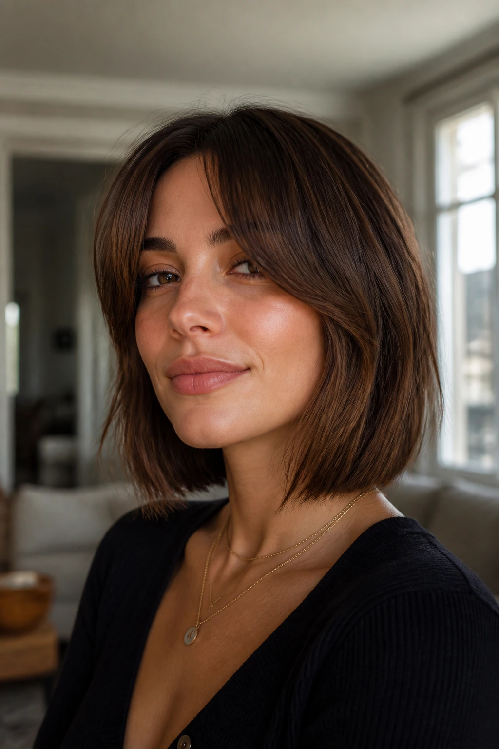 Close-up of a woman with curtain bangs and French bob hairstyle.