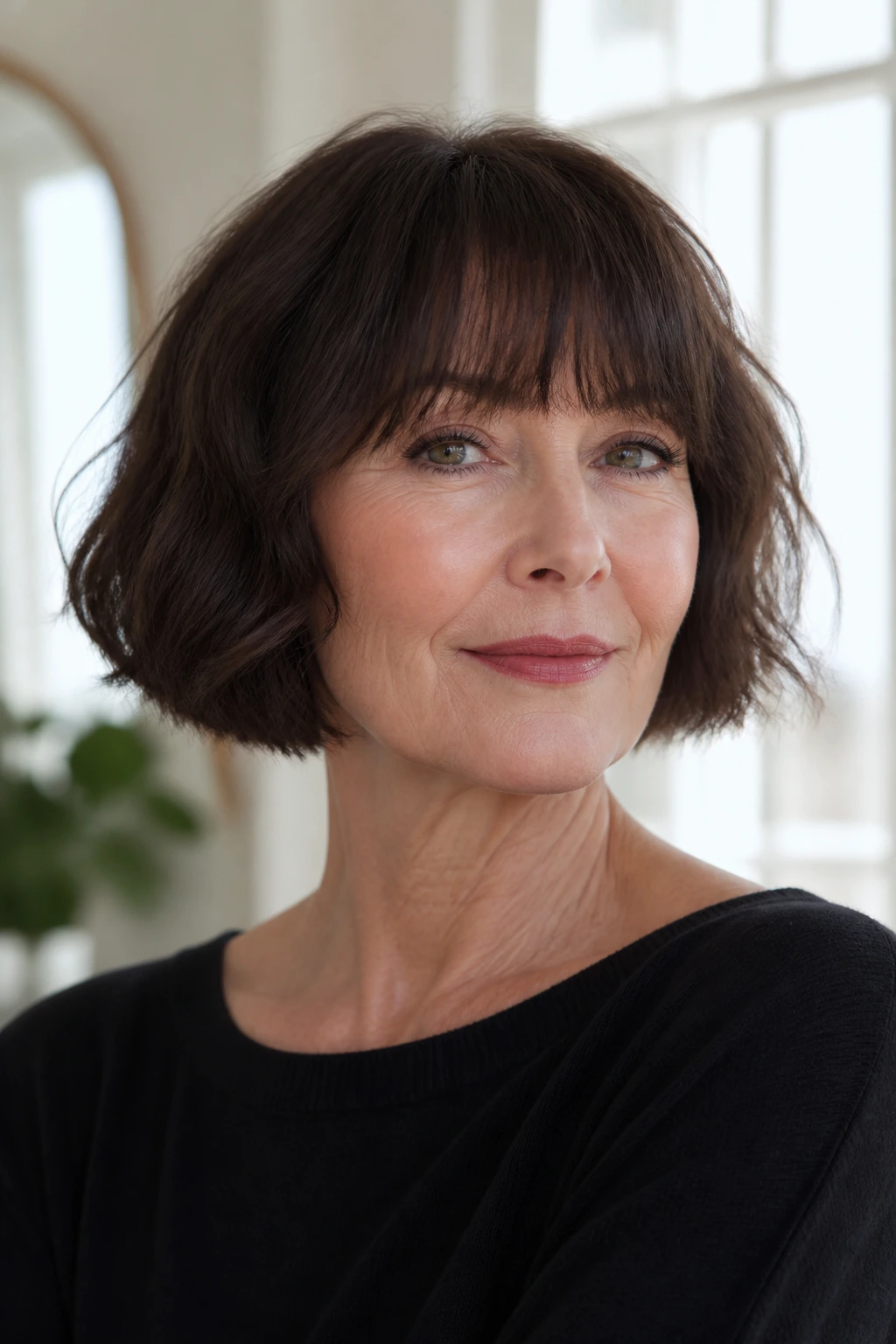 Real woman with eyebrow-grazing bangs French bob portrait