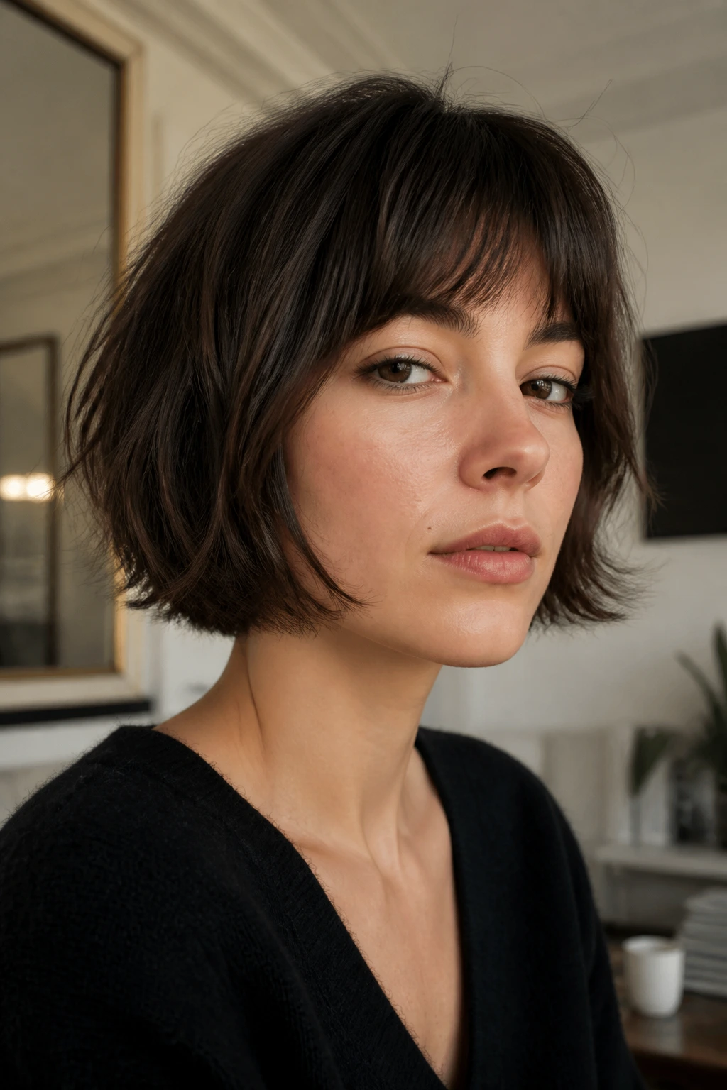 Real woman with French bob featuring feathered ends in soft morning light.