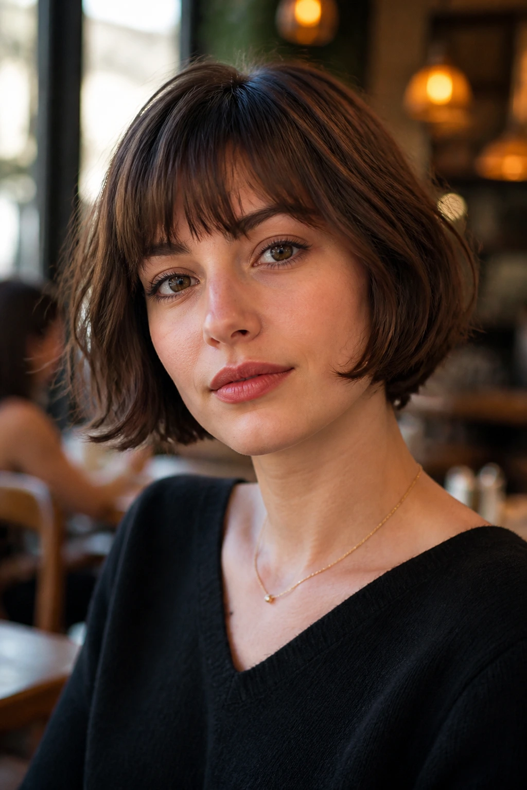 Portrait of a woman with a French bob and soft fringe.