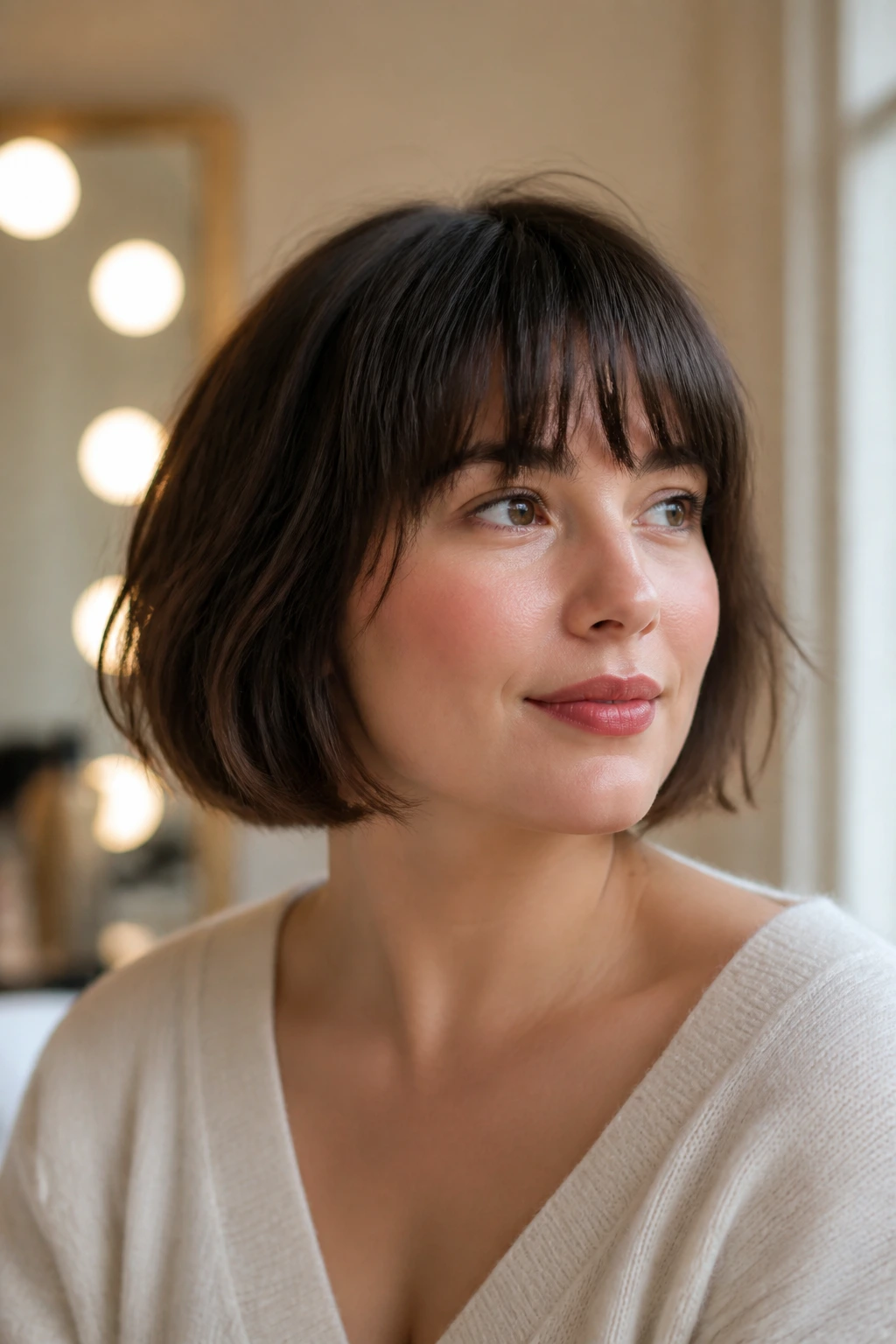 Portrait of a woman with French bob and soft fringe showing airy fringe