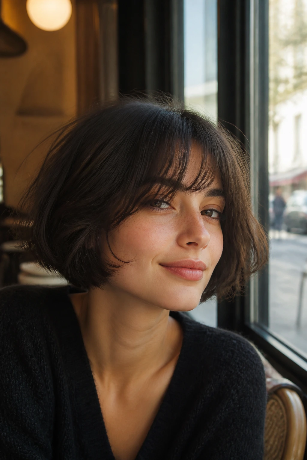 Portrait of a woman with a French bob and soft fringe in cafe light