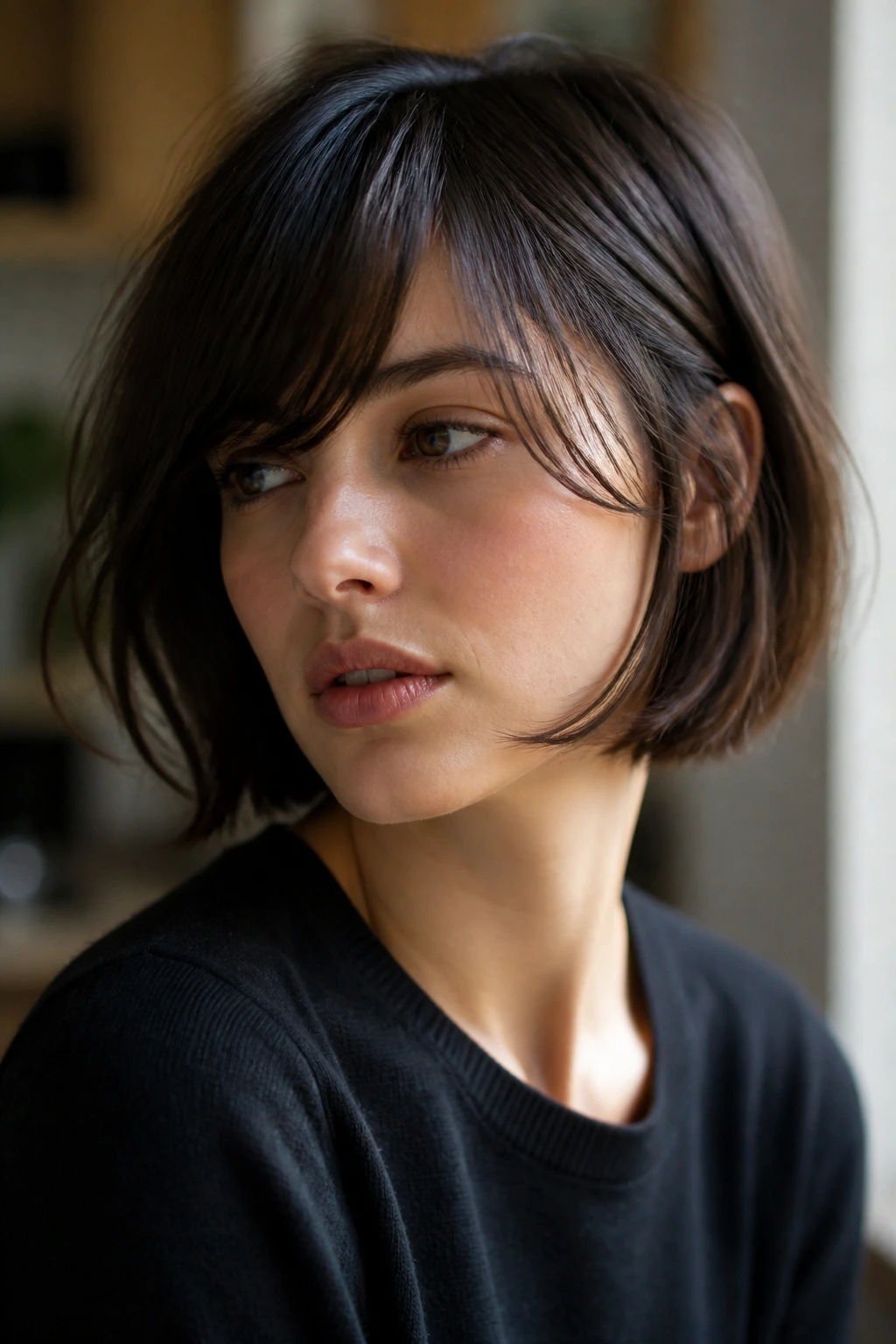 Close-up of a real woman with French bob and airy side fringe