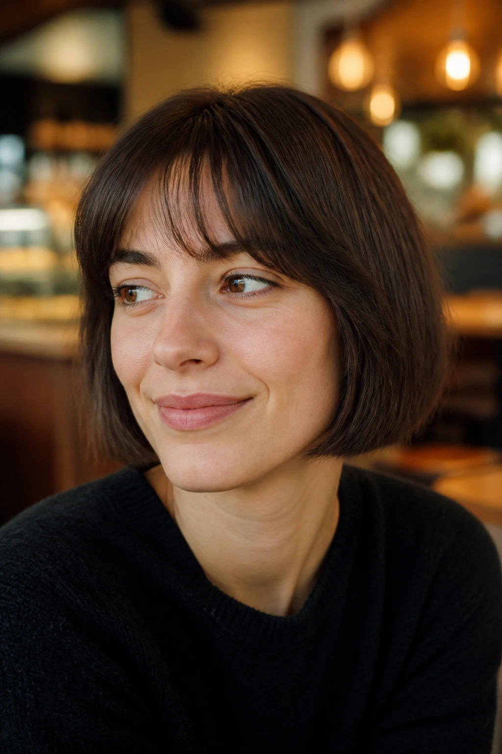 Close-up of French bob with soft fringe on real woman in cafe lighting