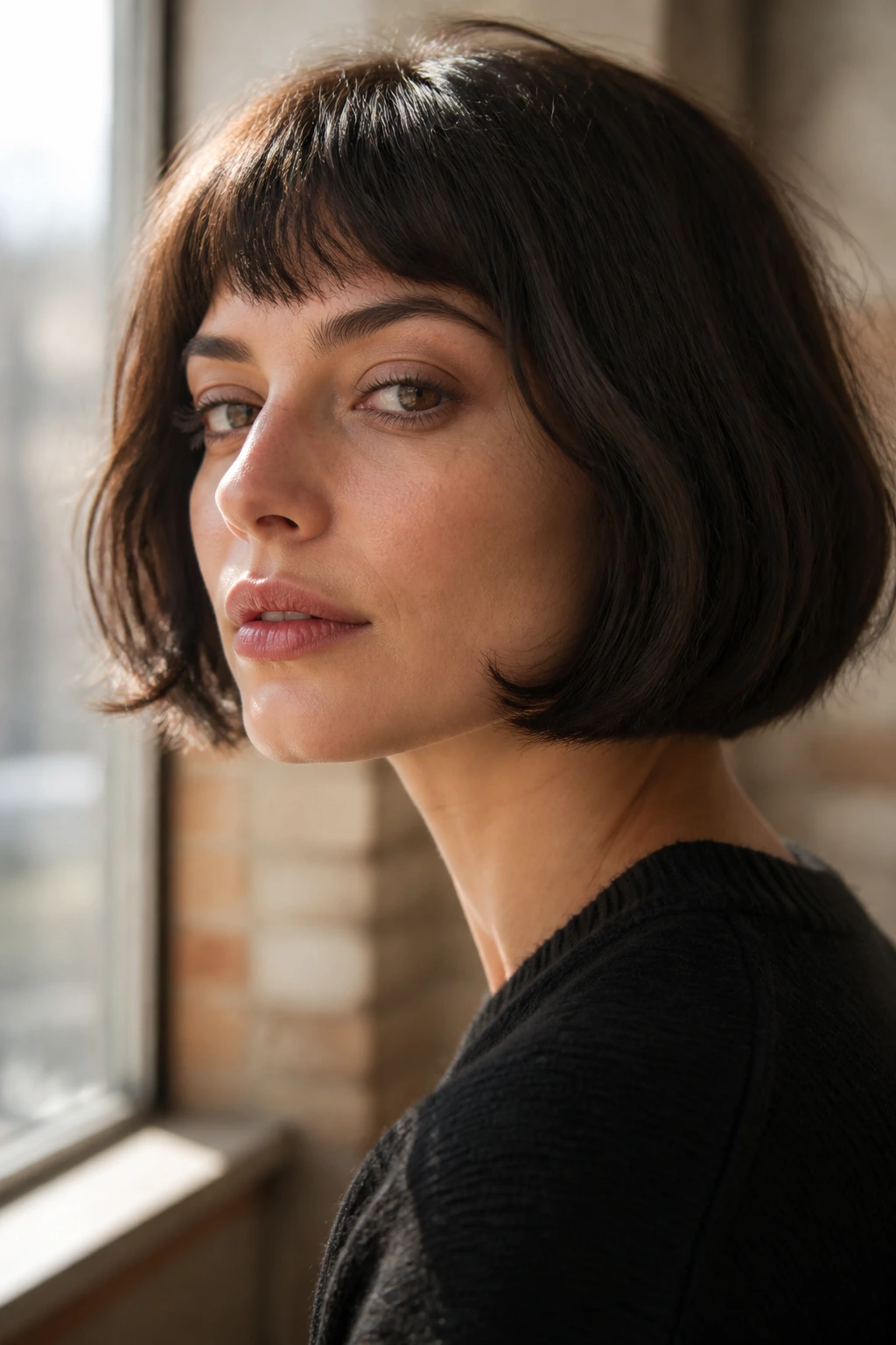 Close-up of a real woman with French bob and short fringe showing movement