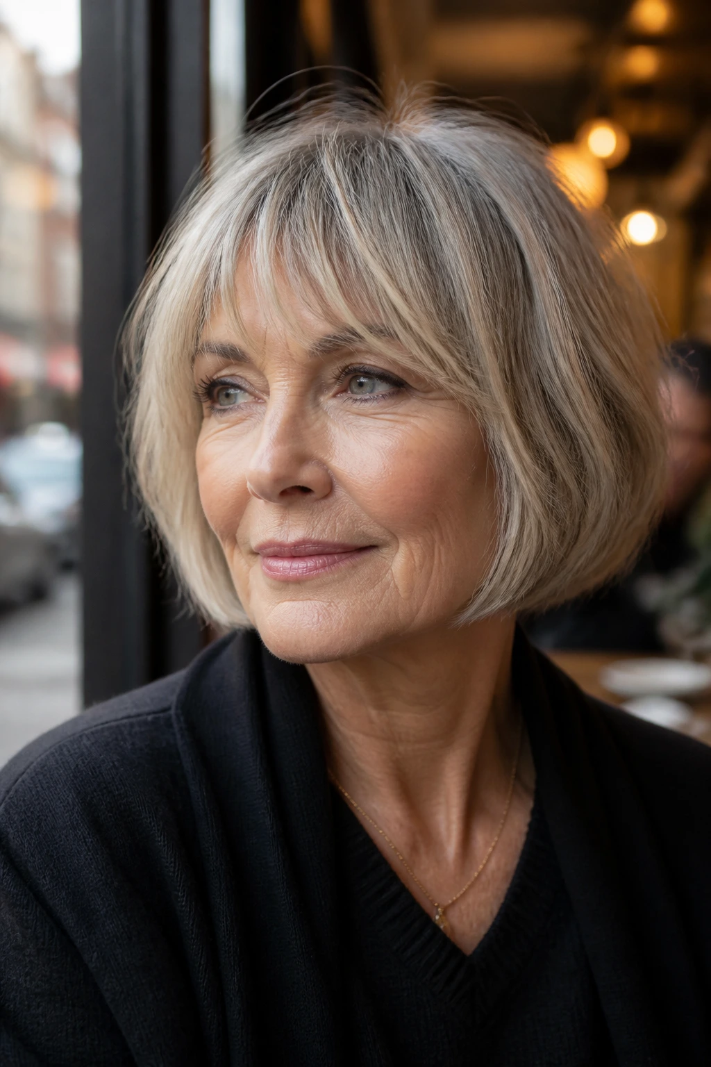Close-up portrait of a real woman with French bob and piecey fringe