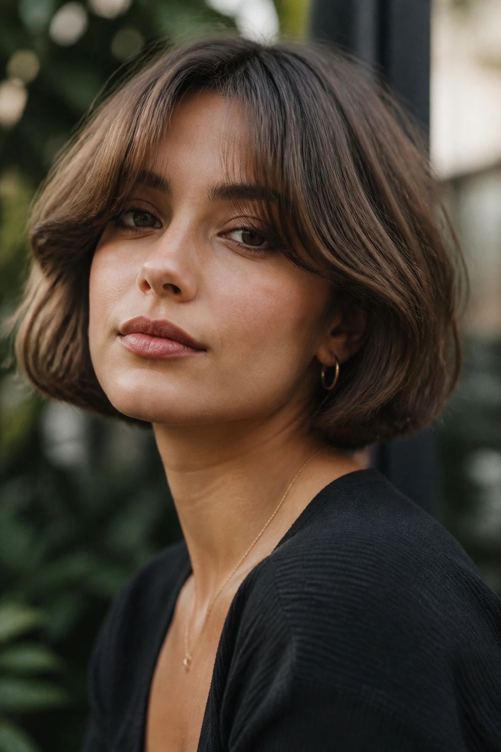 Portrait of woman with fringe-forward French bob variation