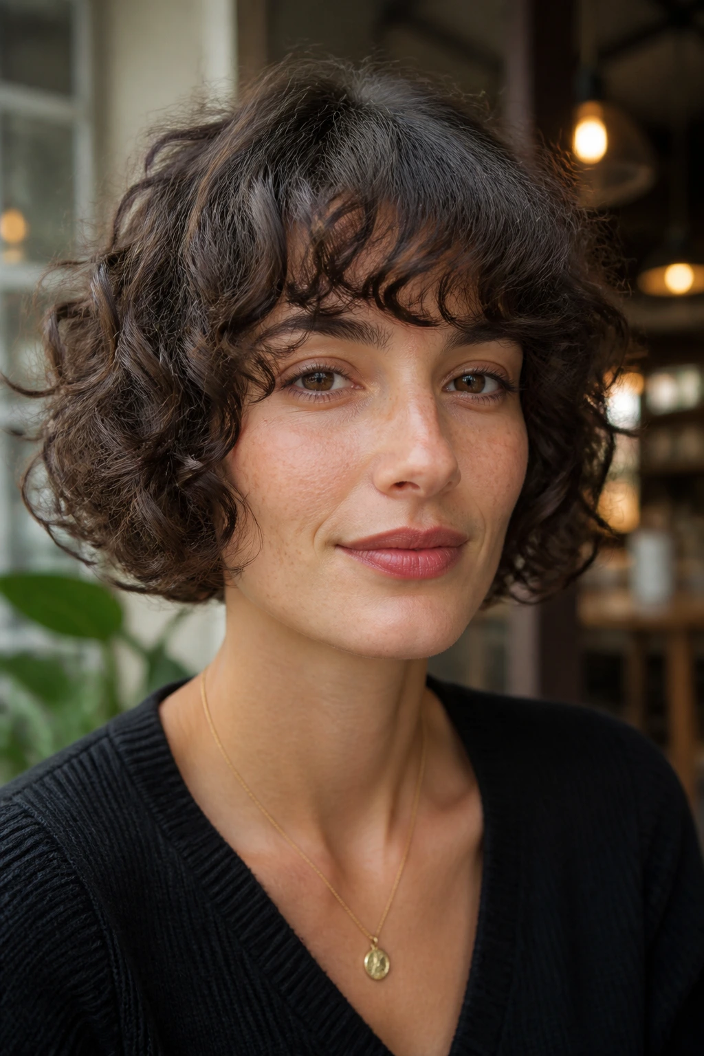 Portrait of a woman with brow-skimming fringe French bob