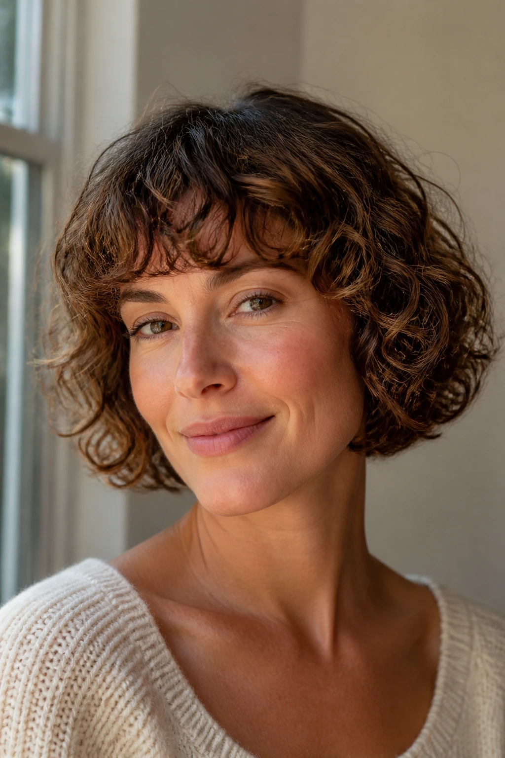 Close-up portrait of a real woman with a French bob and soft fringe